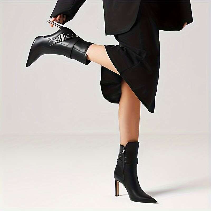 Ankle Boots For Women Pointed Toe High Heel Block Mid Calf Side Zipper Short Booties With Buckle Strap