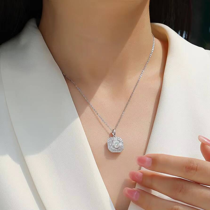 Local Stock in US 925 Silver Gra Moissanite Necklace Small Square Bag Shape Shining Diamond Pendant Jewelry for Wedding