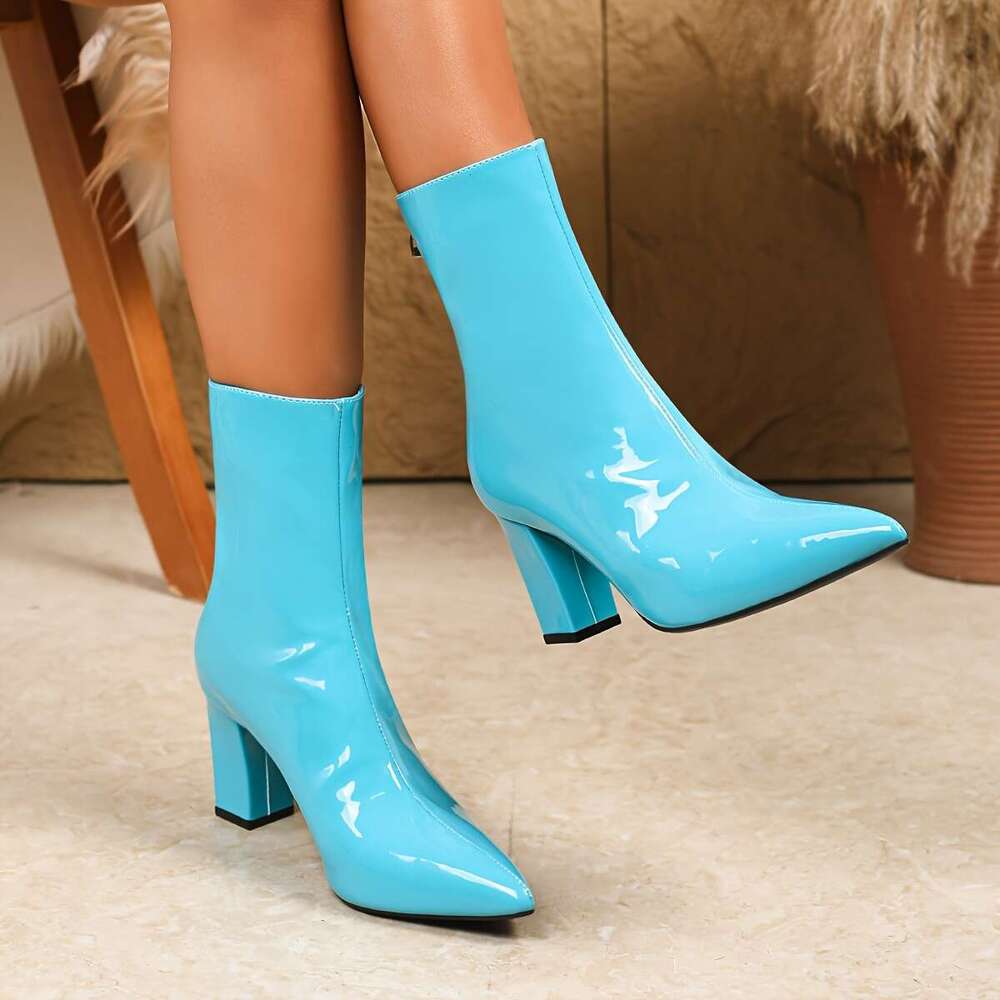 Women's Chunky Block Heel Boots Pointed Toe, Slip-Resistant TPU Sole, Winter Party & Formal Shoes Pink/Blue/Black Easy-Clean Synthetic Cover - Al