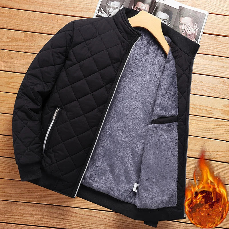 Autumn Winter Bomber Jacket Men Diamond Pattern Fleece Lined Casual Fashion Clothing Brand Slim Fit Coat 251029