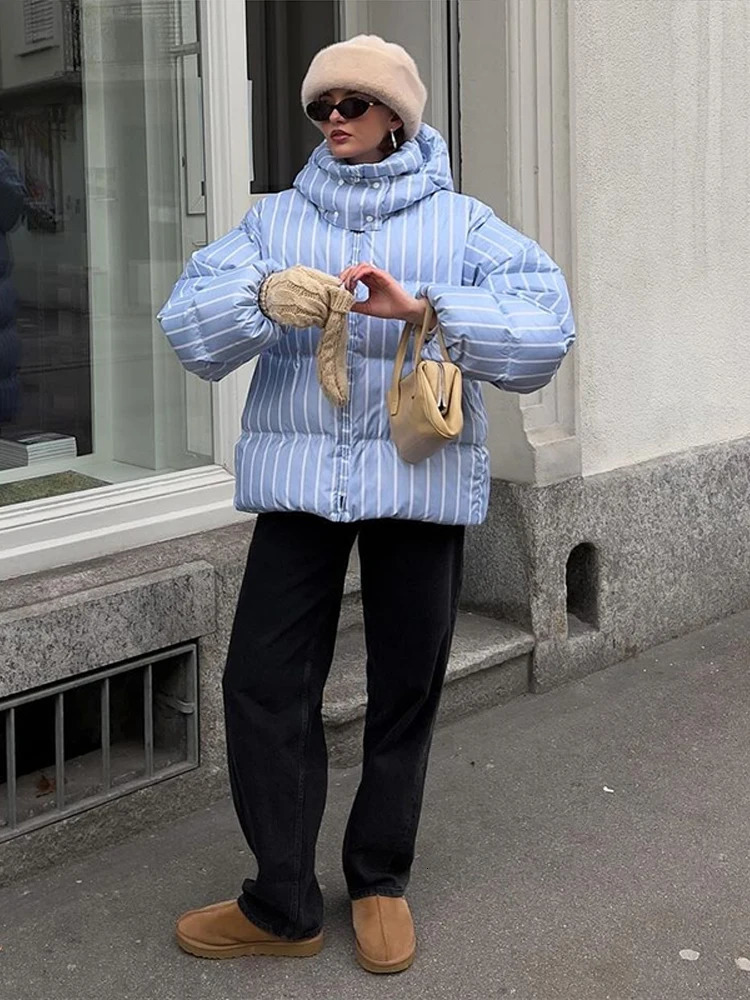 Casual Striped Thicken Coats Women Fashion Full Sleeve Loose Stand Collar Zippers Jackets Female 2025 Autumn Winter Lady Coat 251030