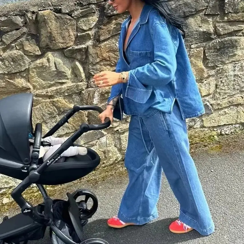 KONDALA Fall Winter Casual Denim Women Suits Fashion Vintage Turndown Collar Pocket Shirts Chic Drawstring Wide Leg Pants 251028