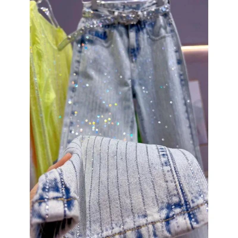 Retro Heavy Work Loose High Waist Straight Leg Jeans Full Body Vertical Diamond Pattern Fashionable Womens Denim Pants 251029