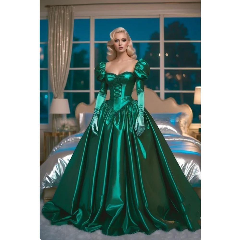Customized Dark Green Victorian Glitter Prom Dresses Bubble Sleeves Long Sleeves Corset Strappy Back Evening Gowns Party Dress