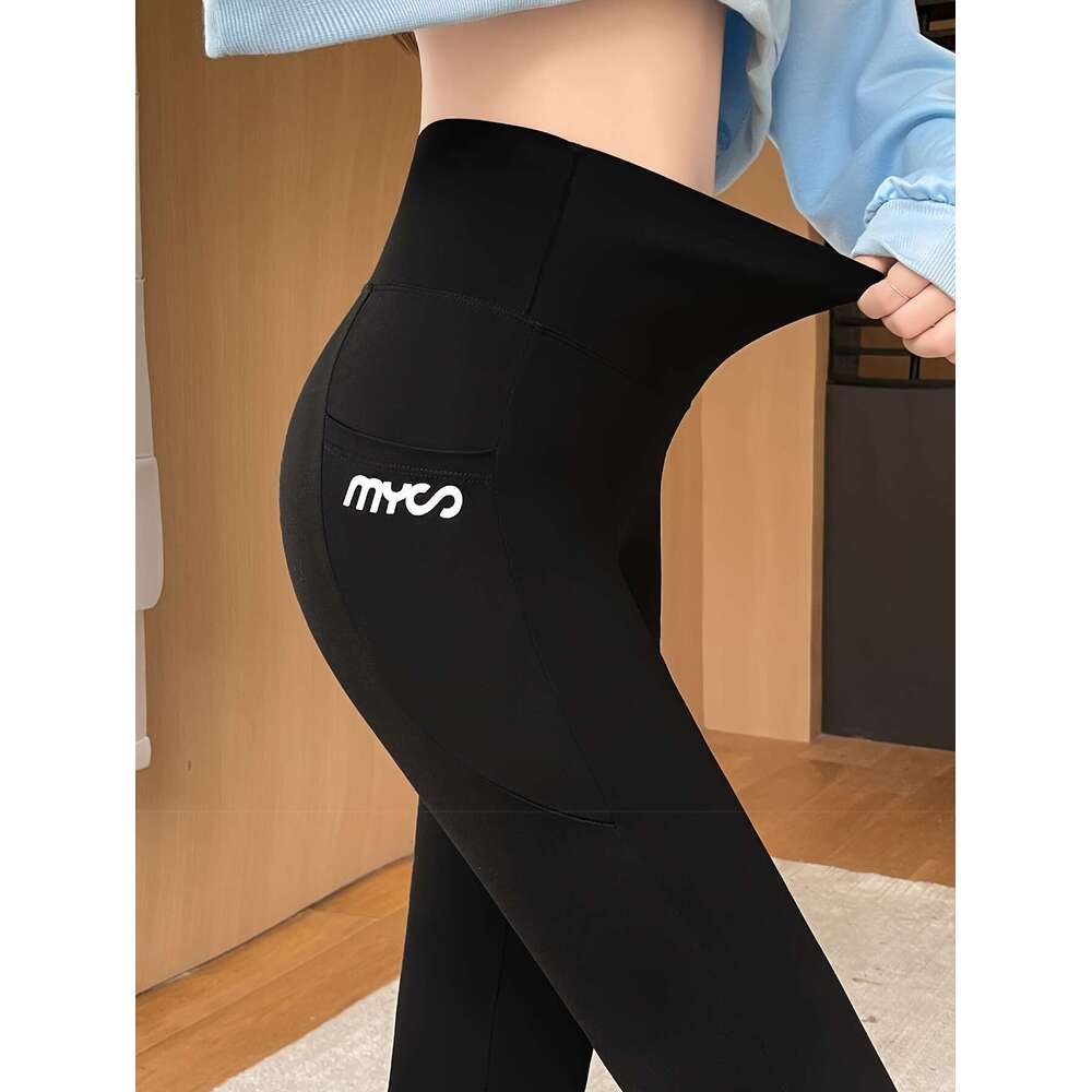 High-Waist Fleece-Lined Yoga Pants with Pockets - Butt Lifting, Tummy Control, Slimming Cropped Leggings Women, Black, Stretchy Polyester Activewear f