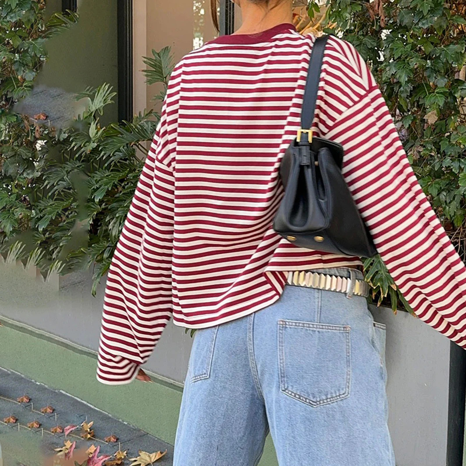 Striped Long Sleeve T Shirt Women Y2k Oversized Crewneck Sweatshirt Aesthtic Vintage Autumn Drop Shoulder Cute Going Out Tops 251030