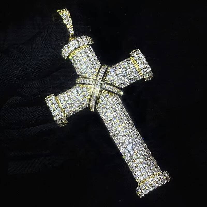 Christian Hip Hop Jewelry Pass Diamond Tester Bling Iced Out D Color Baguette VVS Moissanite Large Cross Pendant for Chain Men