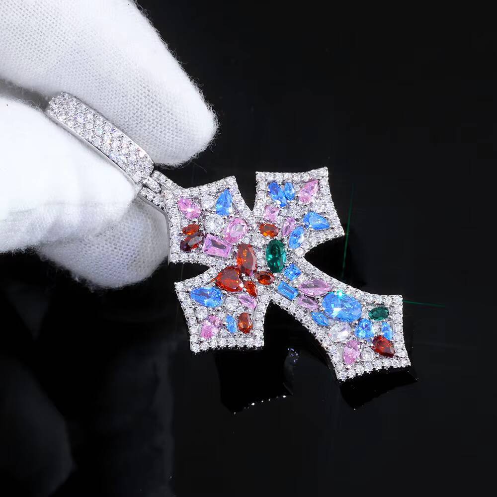 NUOYA New Arrival Multi Color moissanite Rhombic Cross Pendant Silver Iced Out Irregular Diamond Cross Charm Pendant Necklace Gift Designer's sty