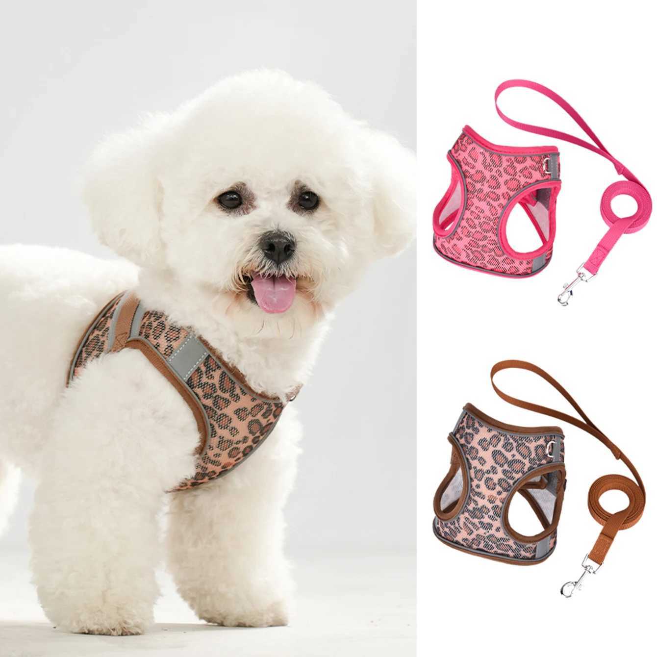 HLP428Leopard print veststyle universal harness set for cat dog with 15meter leash and highly breathable interwove mesh J251129