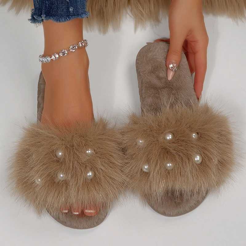 2025 Elegant Pearls Cotton Slippers for Women Winter Indoor Plush Home Slides Open Toe Soft Sole Cotton Slippers for Ladies H251030