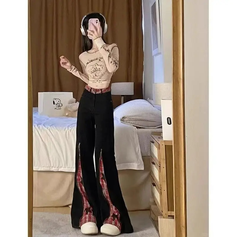 Retro Patchwork Red Checkered Zipper Jeans Womens Plus Size Spicy Girl Slim Fit Micro Flared Pants 251029