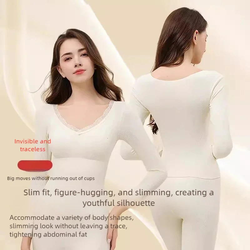 Cashmere and silk thermal underwear for women thickened with fleece autumn and winter long Johns and thermal pajamas set 251030