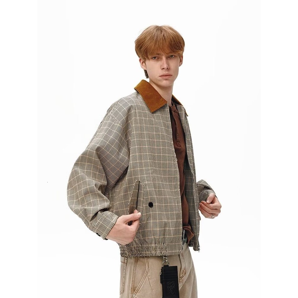 American Style Plaid Turn-down Collar Color-block Jacket For Men Autumn Trendy Brand Versatile Designer Jacket Casual High-end Feel Outerwear