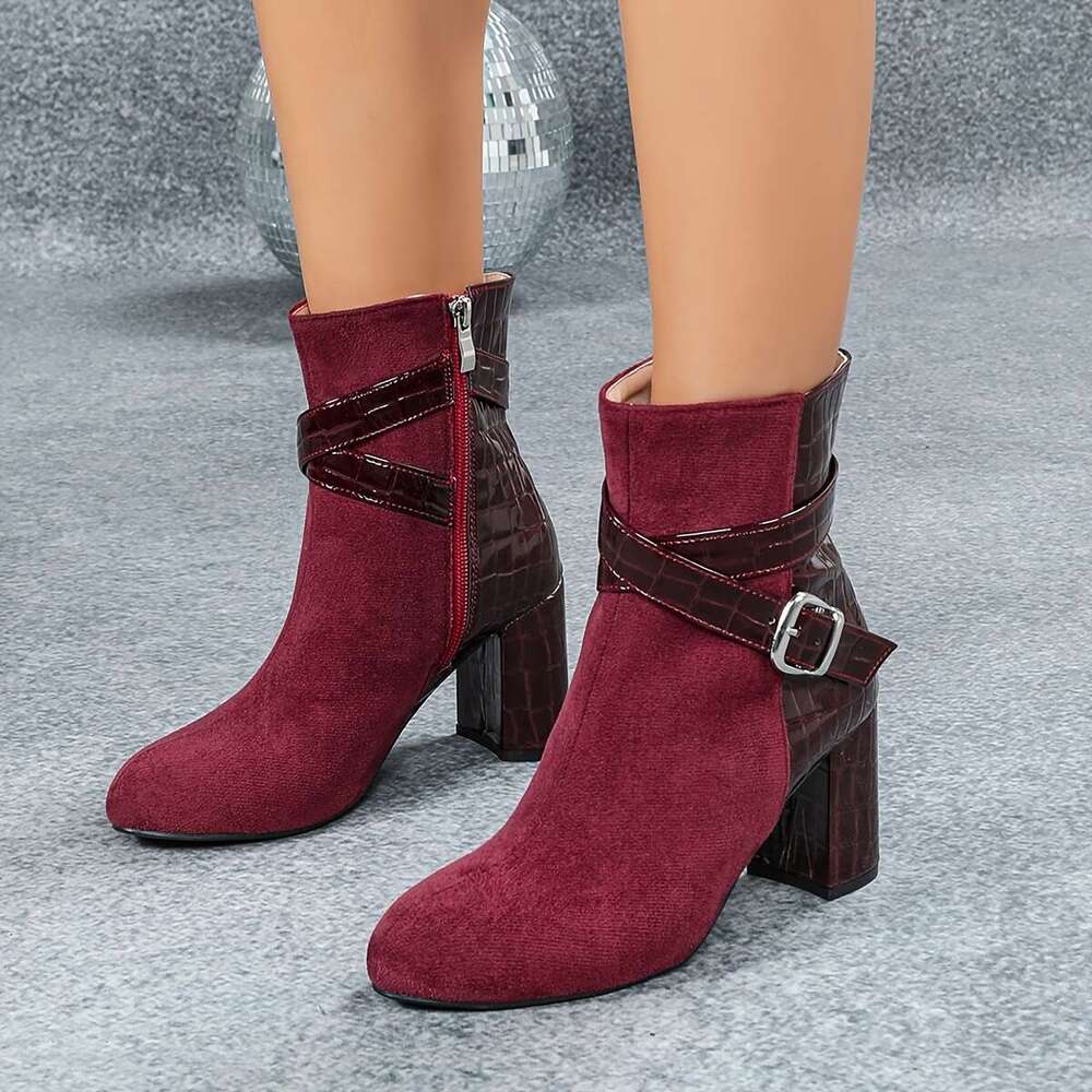 1Pr Elegant Bury Ankle - Women's Round Toe Block Heel Dress Boots Side Zipper, Winter Comfort High Heels With PVC Sole And Flannel Insole