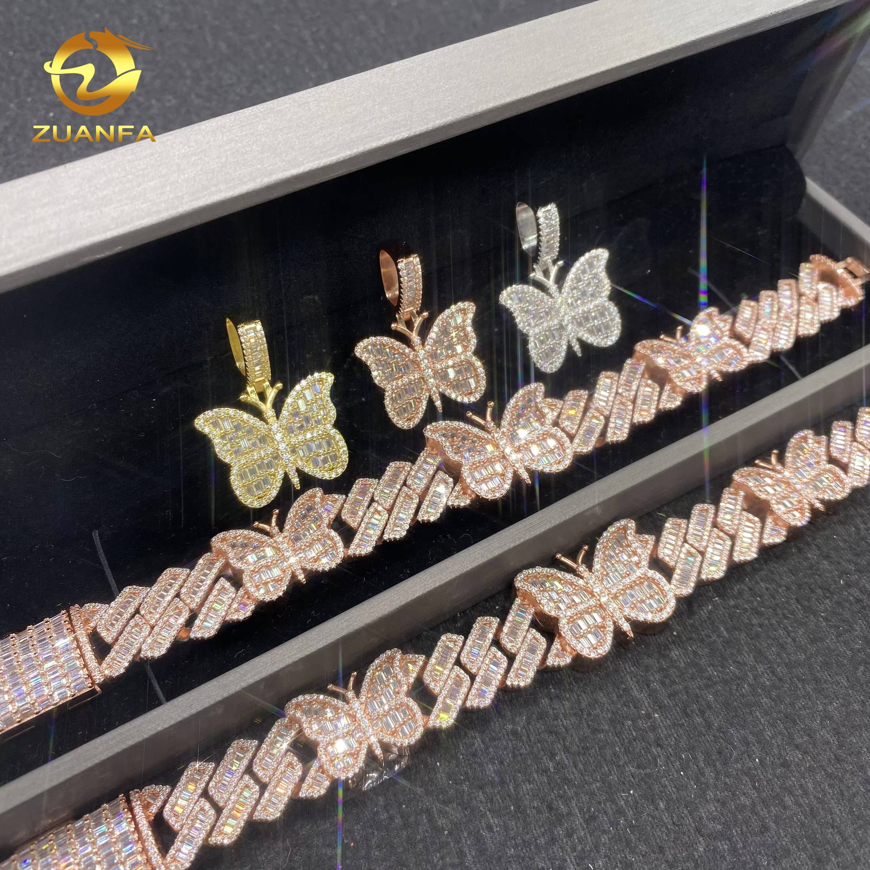VVS D Moissanite Hip Hop Moissanite Custom Iced Out Rose Gold Bracelet 925 Silver Jewelry Diamond Butterfly Charm Pendant