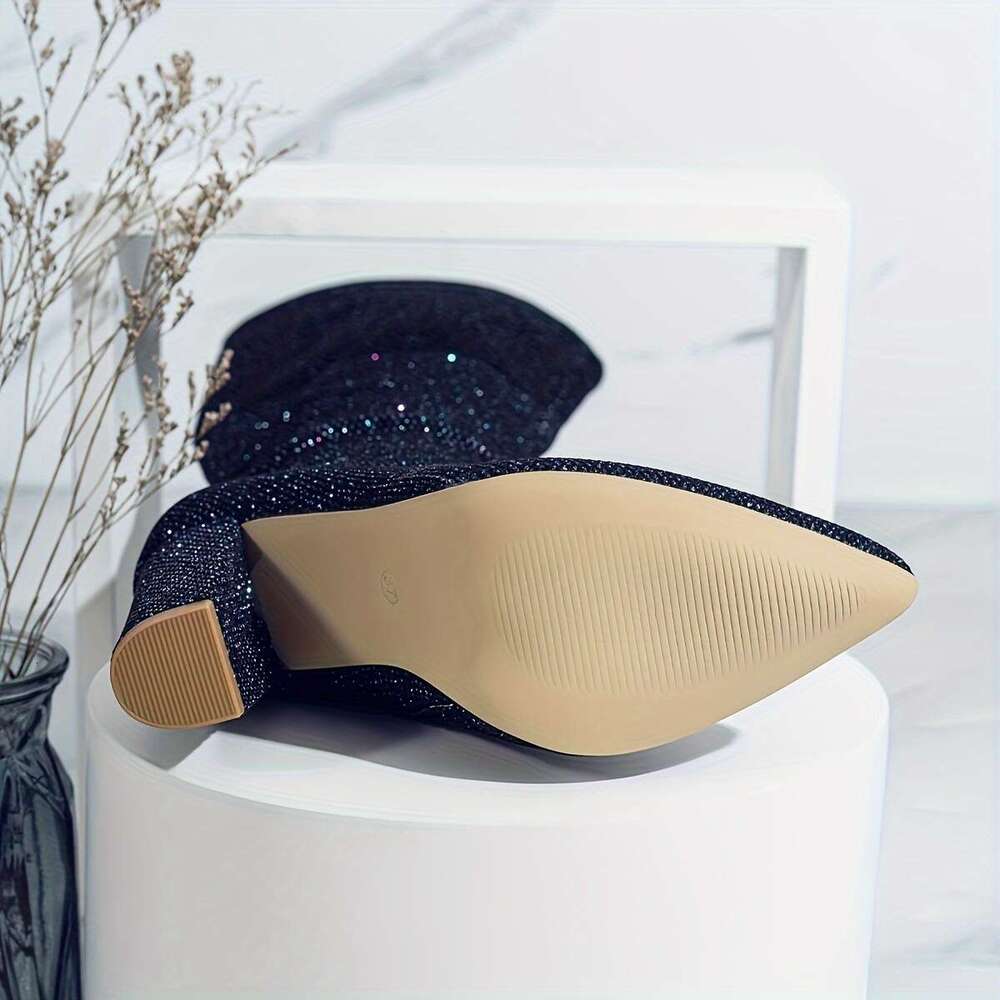 Women's Ultra-High Block Heel Pointed Toe Riding Thick Platform Winter With Side Zipper, Shiny Synthetic Glossy Faux Upper, Cushioned & PVC Sole 