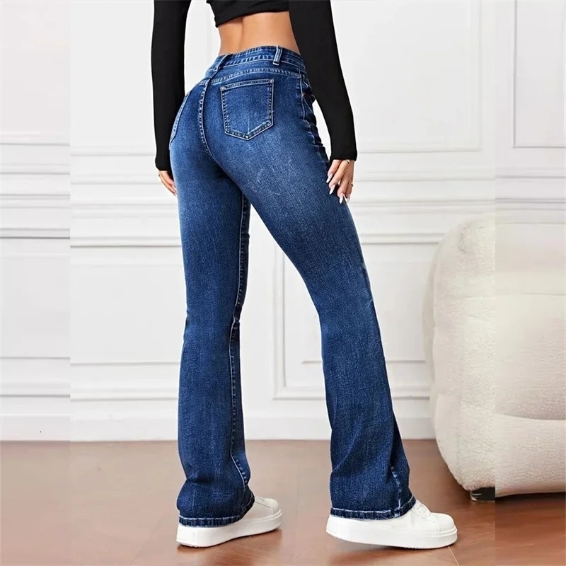 Women Casual Micro Flares Jeans Vintage Mid Waist Button Splice Denim Pants Female Office Trousers Trend Streetwear 251029