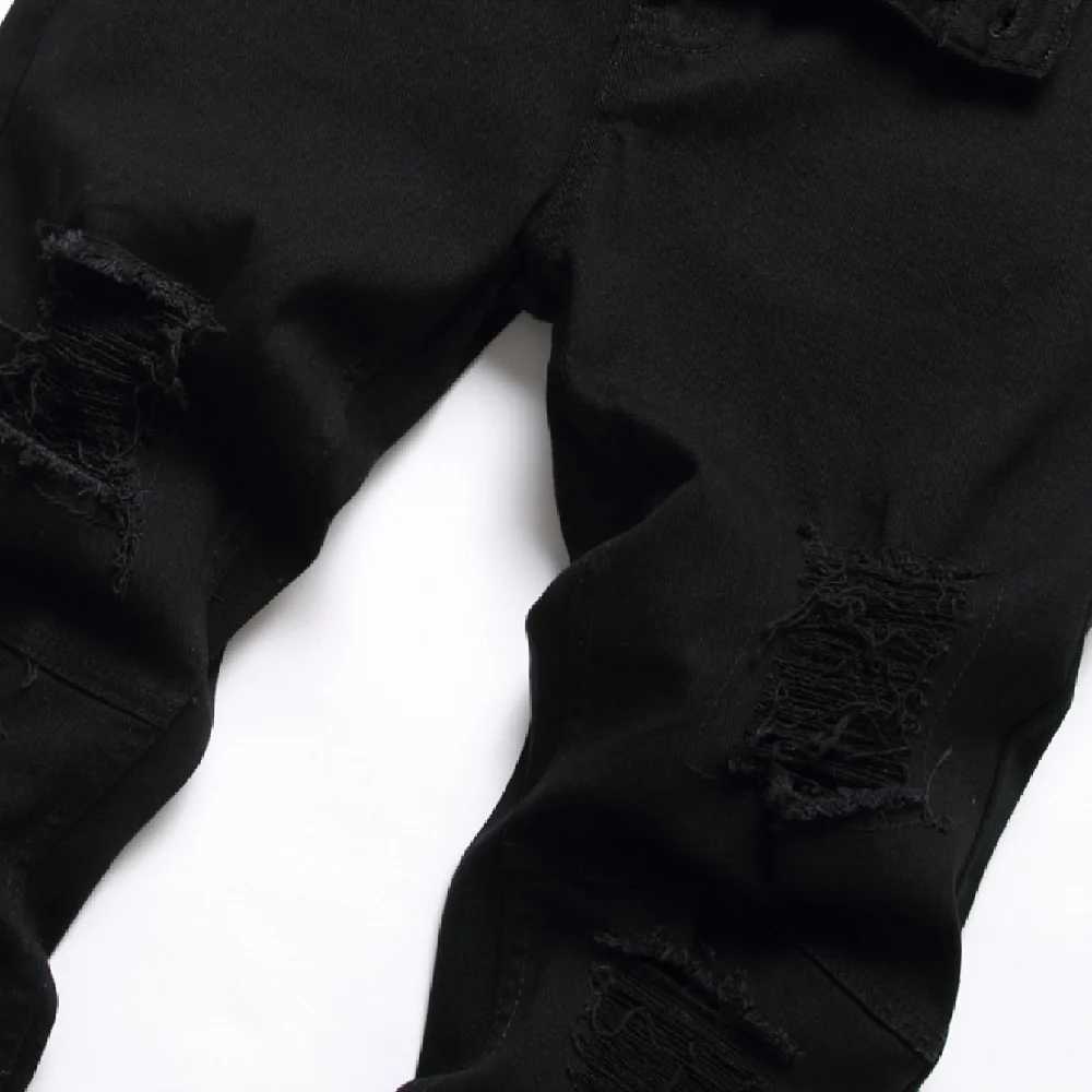 Men Black Stretch Skinny Fit Pencil Jeans Trousers Knee Ripped Distressed Motorcycle Biker Jeans Pants For Mens J251030