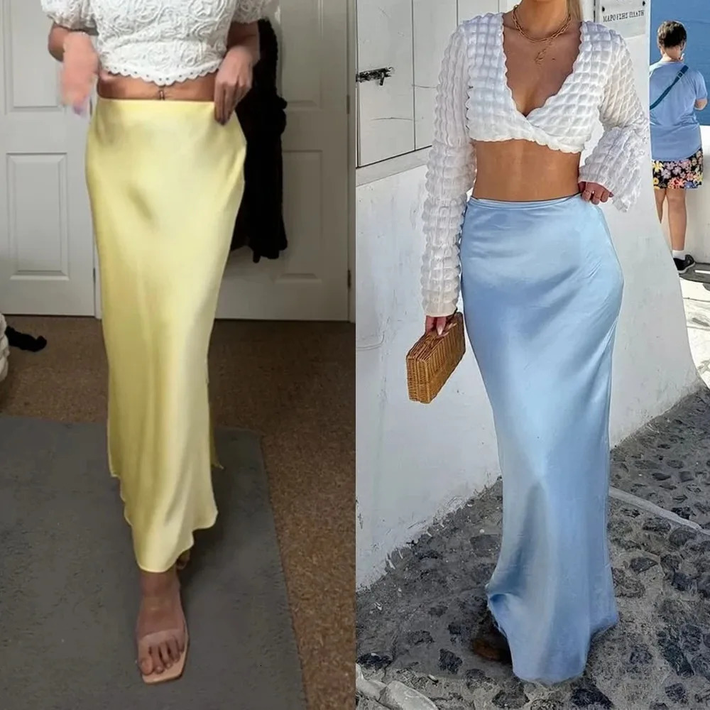 KONDALA Vintage Satin Solid Long Skirts Women High Waist Elastic Silky Skirts Fashion 2025 Spring Elegant Straight Skirts 251028