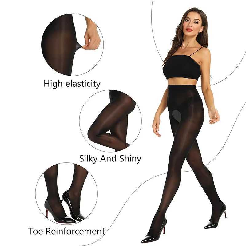 Sexy Open Crotch Horse Oil Tights Women Shimmer Smooth High Waist Pantyhose Elastic Plus Size Shiny Sheer Tights R251030