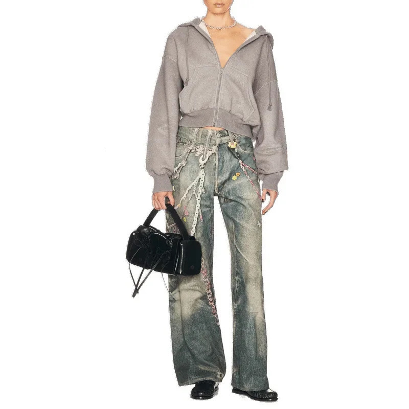 Loose Wide Leg Denim Jeans Retro Candy Chain Print Unisex Spring Summer Style Loose Low Waist Trousers for Couples 251029