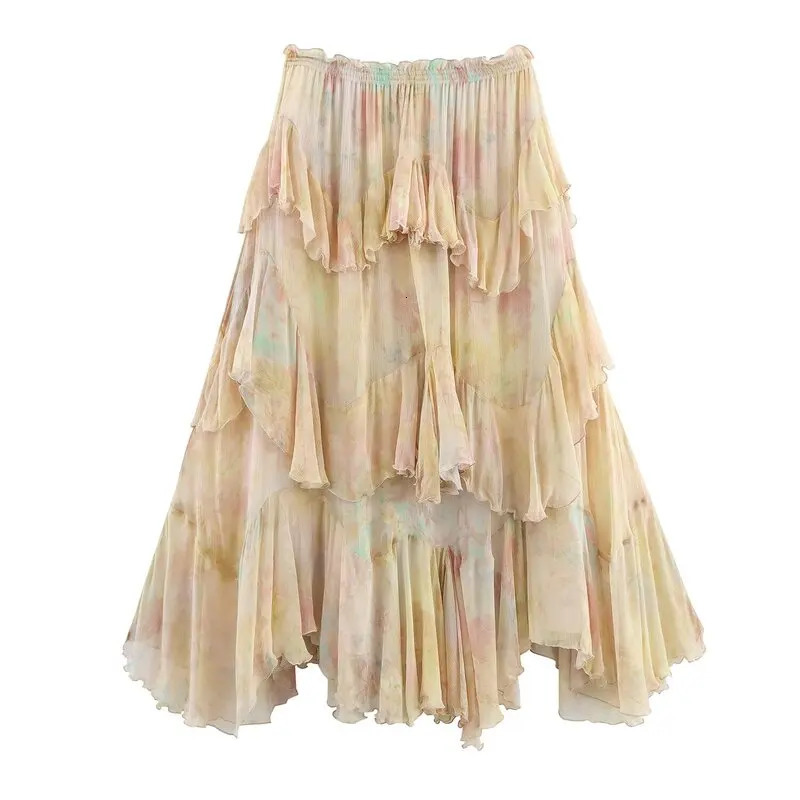 Summer 2025 Long Printed Layered Decorative Skirt Womens Faion High Waist Midi Skirt Floral Patterned Skirts 251028