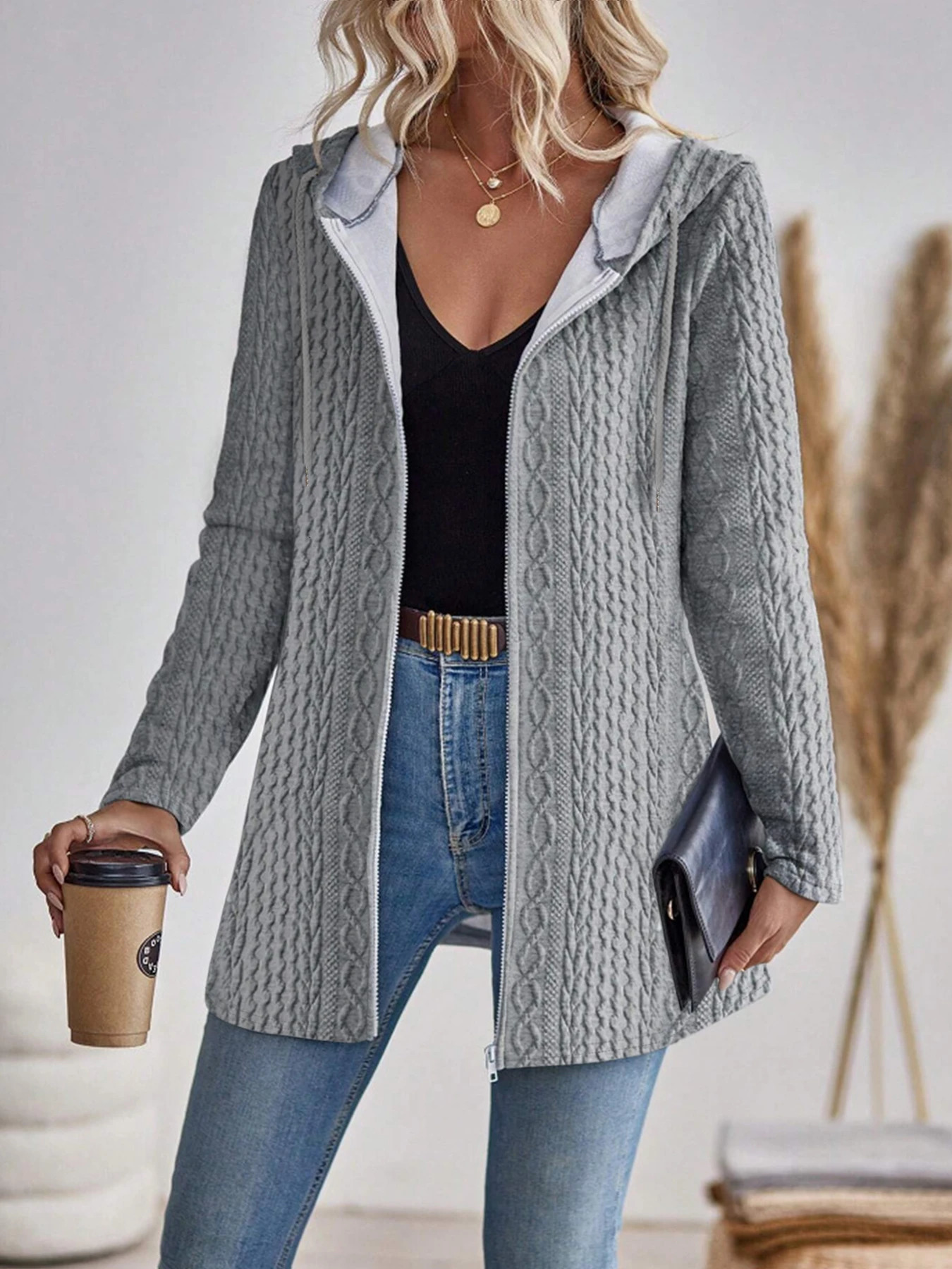 Elegant directional womens fashionable texture solid color zipper hooded sweatshirt 251030