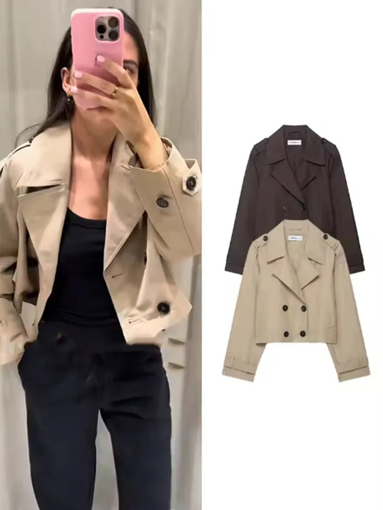 Fashion Lapel Short Trench Coats Women Double Breasted Pockets Jackets Female Autumn Winter Office Lady Solid Outwear 251030