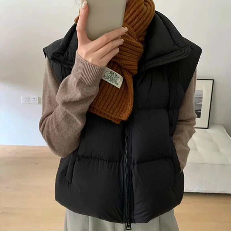 Autumn Winter Drawstring Stand Collar Down Vest Women White Duck Down Sleeveless Puff Vests Female Double Zipper Warm Waistcoats 251029