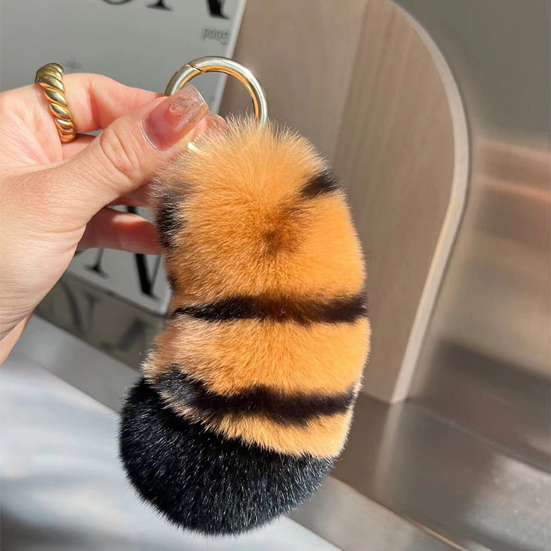 Lovely Tiger Tail Rex Rabbit Fur Car Keychain Plush Decoration for Women's School Bags