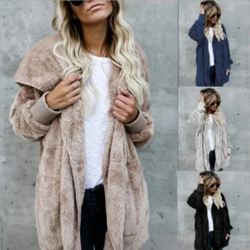 Women Autumn Winter Doublefaced Fur Fleece Faux Medium Style Hooded Warm Thick Coat Casual Solid Longsleeved Overcoat 251028