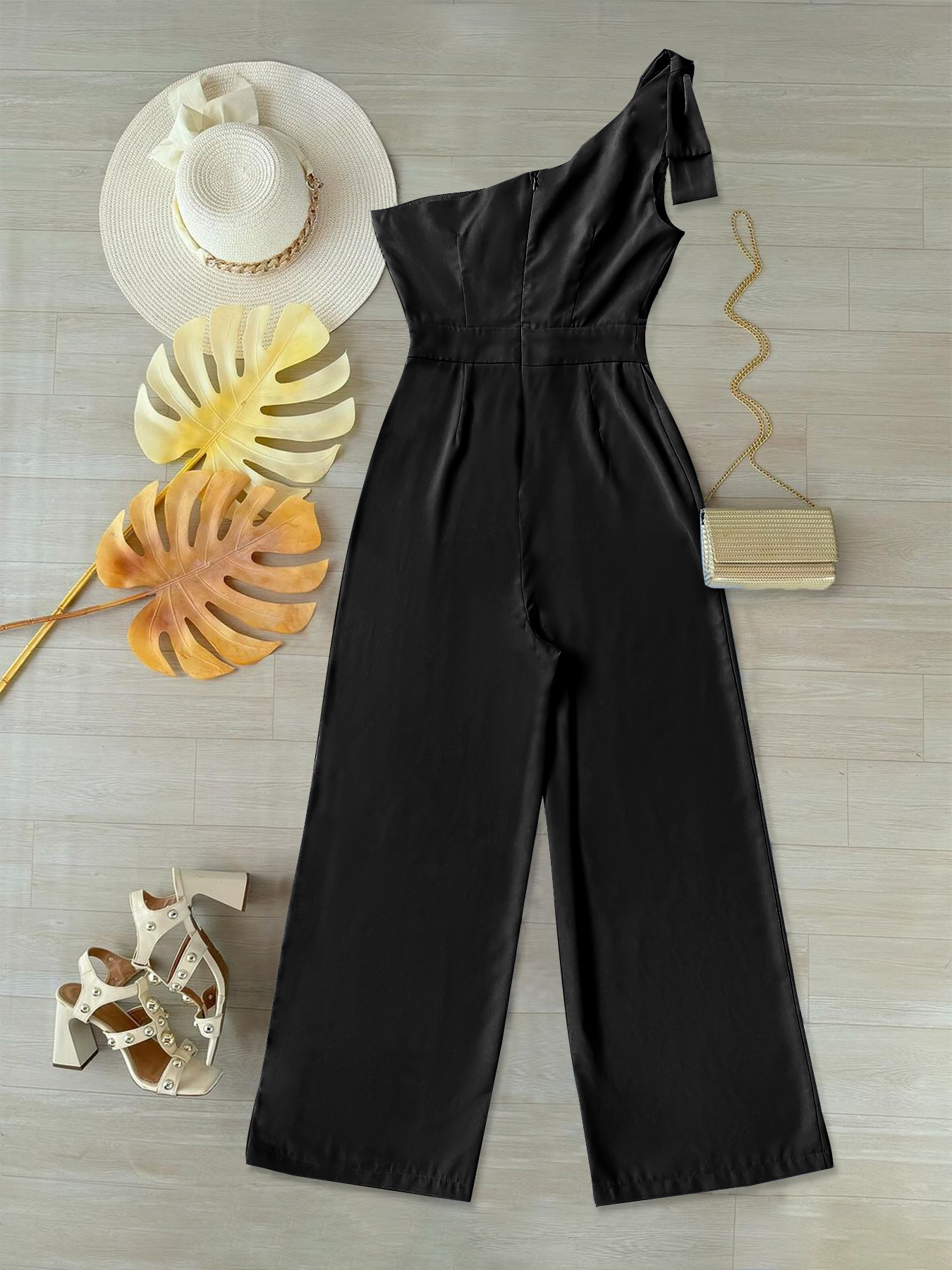 One Shoulder Womens Polyester Jumpsuit - Black/Bright Steel Blue with Comfortable Fit--1762