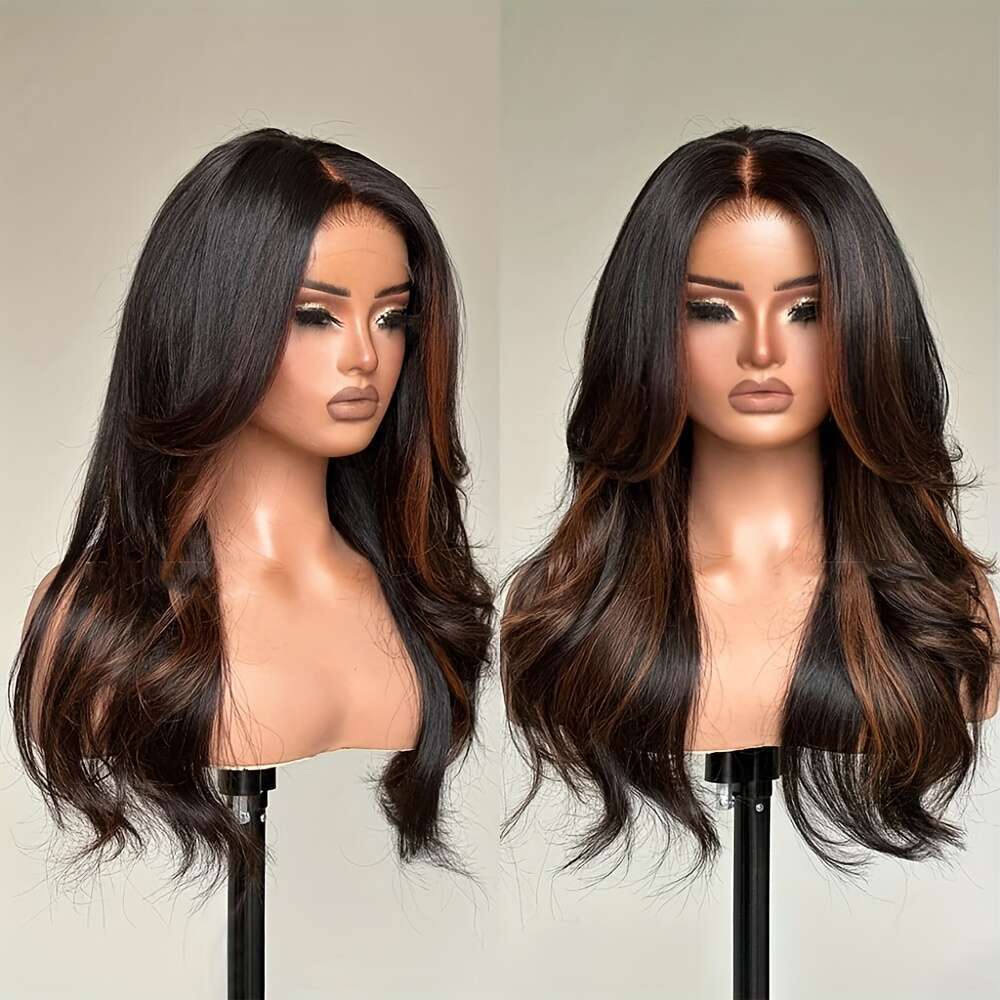4X4 Ready To Go Brown Highlight Straight Layered Cut Style With Hairline 180% Density Glueless Body Wave Human For Long Wig Looking Natural Brazilian 