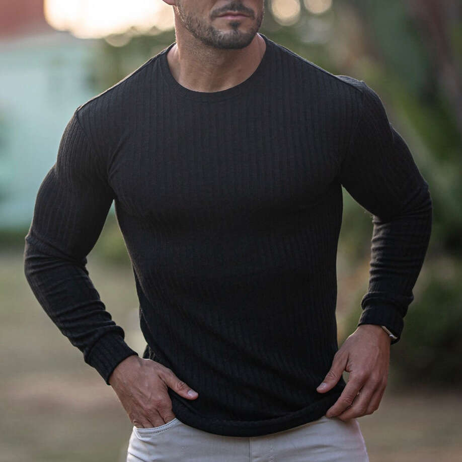 Men's Autumn Sports Fitness Casual Stand Collar Stretch Vertical Stripe Round Neck Long Sleeve T-Shirt
