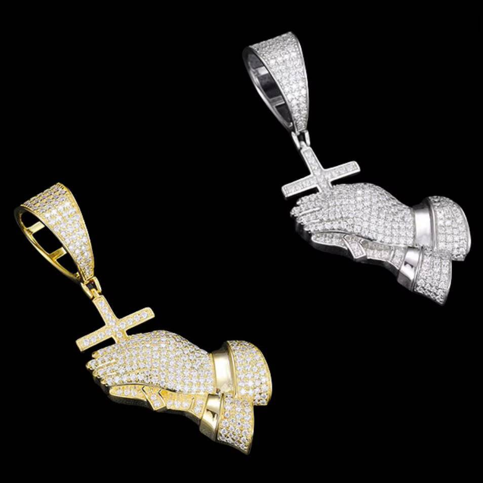 Hip Hop Jewelry Religious 925 Sterling Silver Bling Cross Pray Hand Pendant for NecklaceIced Out D Color Moissanite