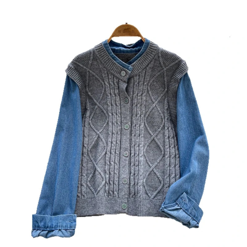 Cardigan Women Sweaters Coats Two s Jackets Full Sleeve Jumpers Y2k Streetwear Elegant Knit Denim Splice Autumn Winter 251029
