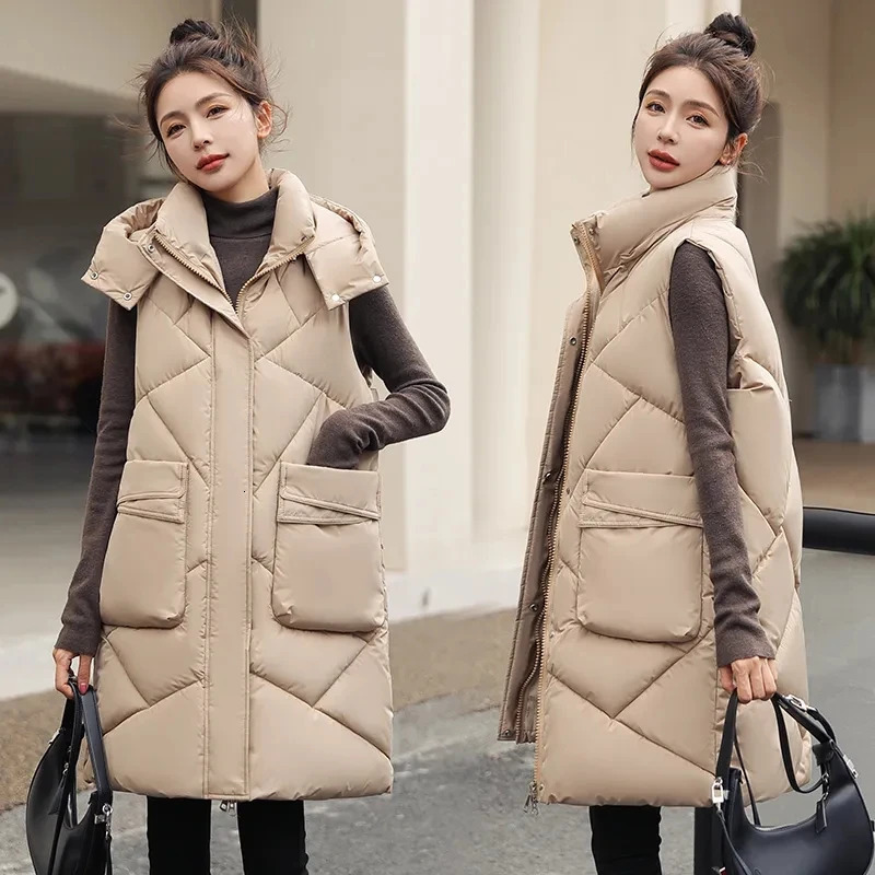 Winter Women Long Hooded Warm Vest Women Solid Detachable Hat Waistcoat Sleeveless Jacket Parka Coats Female Down Cotton Vests 251024