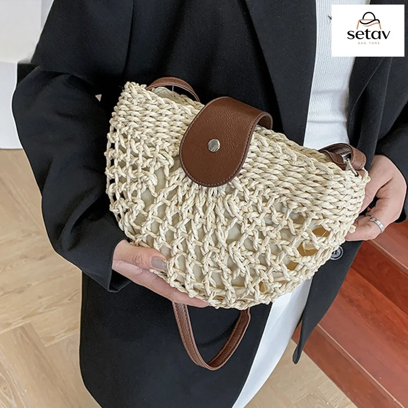 Luxury Handbag Yogodlns Summer Straw Bag For Women Fashion Semicircle Crossbody Rattan Handmade Messenger Handbag Travel Beach Bags Tote Handbag