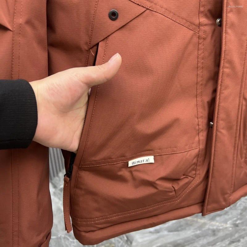 Men's Down Hooded White Duck Jacket Outdoor Multi-Functional Workwear Thick Warm Solid Color Coat Windproof Mountaineering