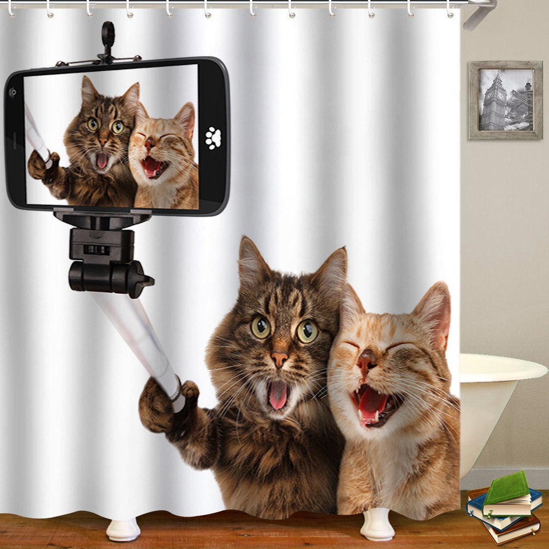 YL-37591 3D Digital Shower Curtain for Kitty Bathing, Bathroom Dry and Wet Separation, Polyester with Hooks, Isolation Curtain