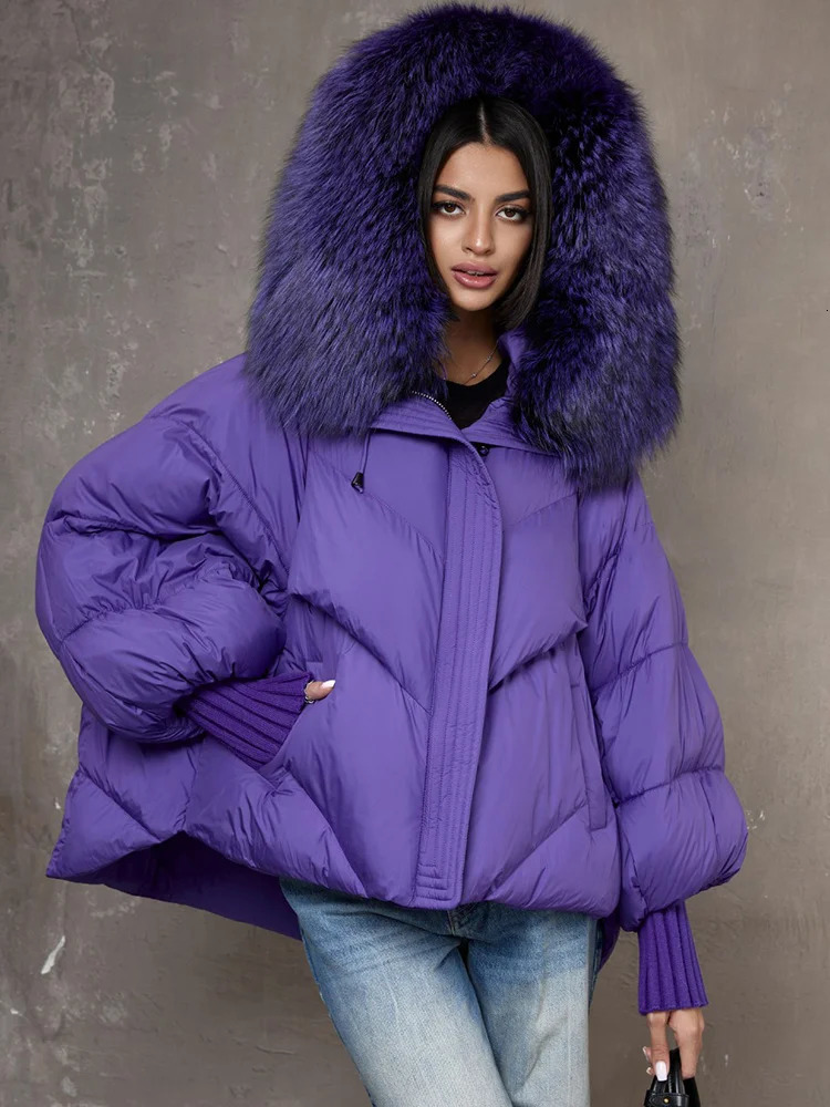 Women Winter Goose Down Jackets Fox Fur Collar Hooded Thick Natural Raccoon Fur Female Outwear Warm Loose Puffer Coats 251023