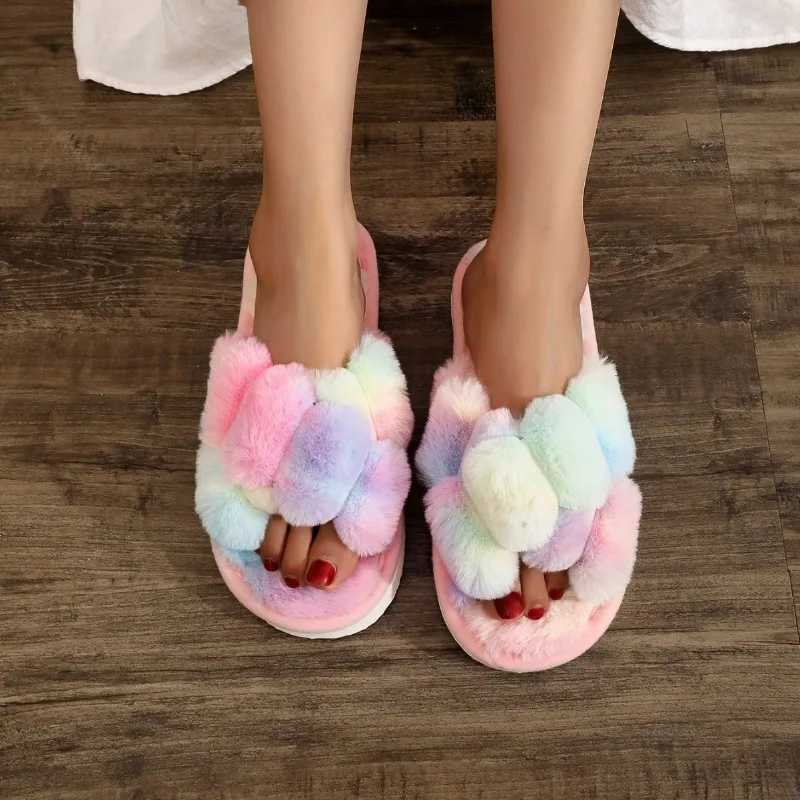 Winter Rainbow Slipper Ladies Women Colorful Plush Warm Flooring Non Slip Home House Shoes Flats Fluffy Family Footwear H251030