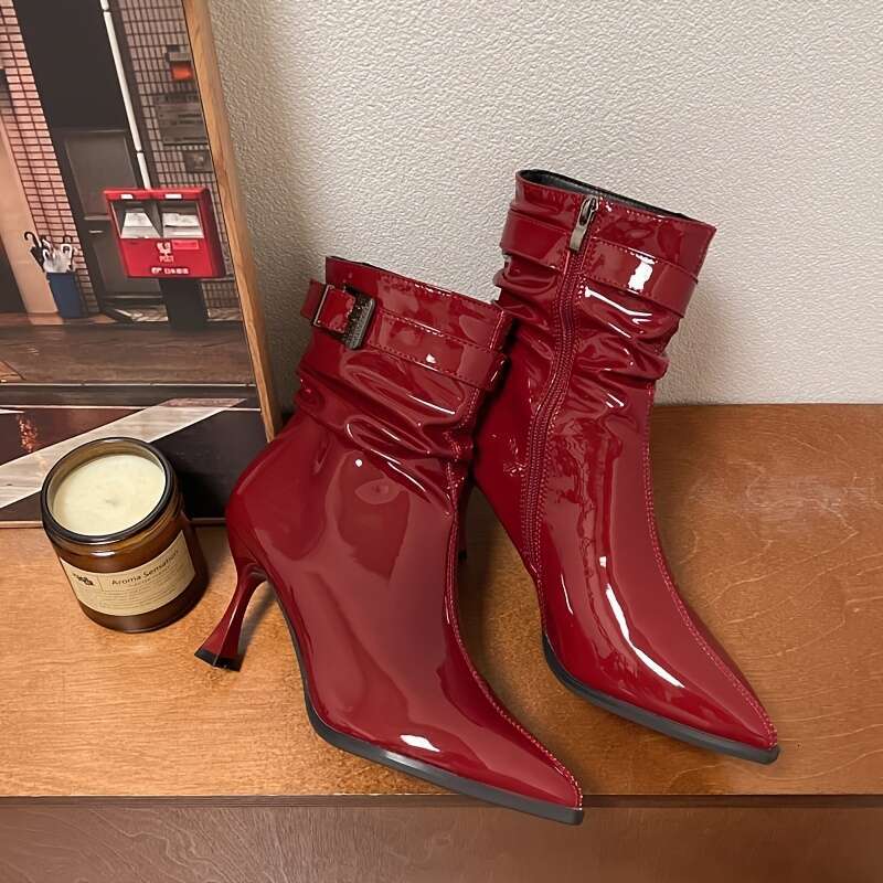 1Pr Elegant Solid Color Ankle Boots For Women Pointed Toe Stiletto High Heels With Side Zipper, Man-Made Upper, Fabric Lining, Rubber Sole - Fashionab