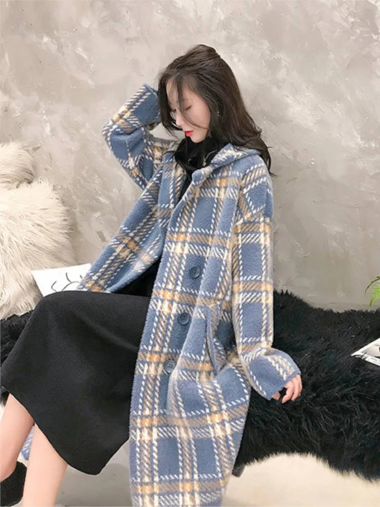 Bella Winter Plaid Women Faux Mink Cashmere Woolen Coat ladies casual turndown collar coats female warm outwear 251010
