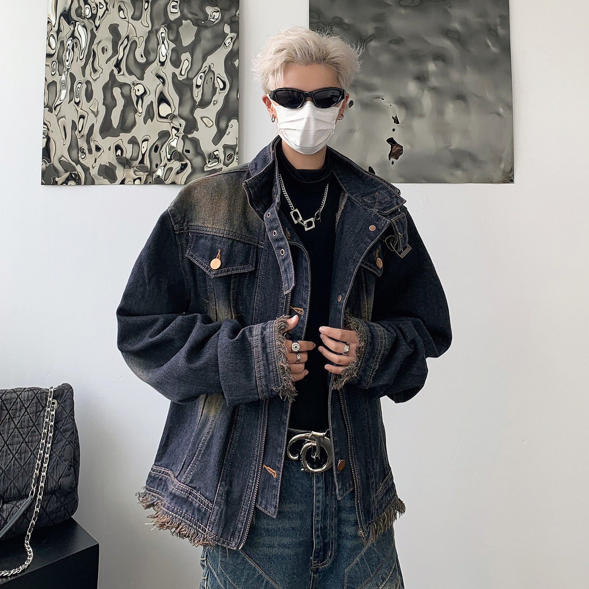 Spring And Autumn American Designer Jacket High Street Style Unisex Denim Jacket High-end Couple Motorcycle Trendy Brand Fake Two-piece Jacket For Men