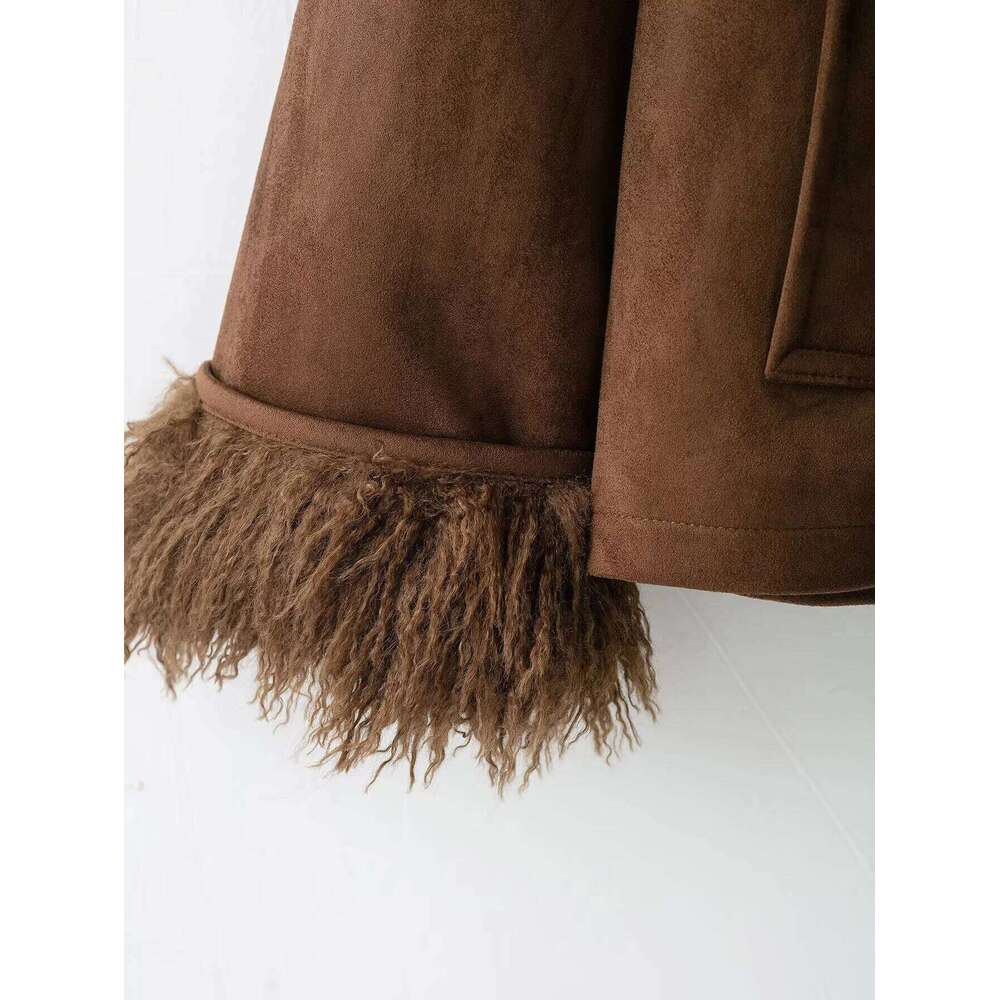 Autumn New Product Women's Wear Melad Brown Double Sided Artificial Fur Effect Jacket Coat