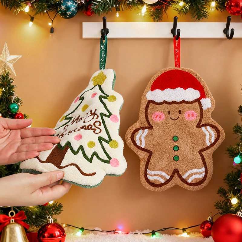 13Pcs Christmas Cartoon Hand Towel Gingerbread Man Snowman Tree Design Coral Fleece Hanging Towels Home Kitchen Bathroom Decor C251030