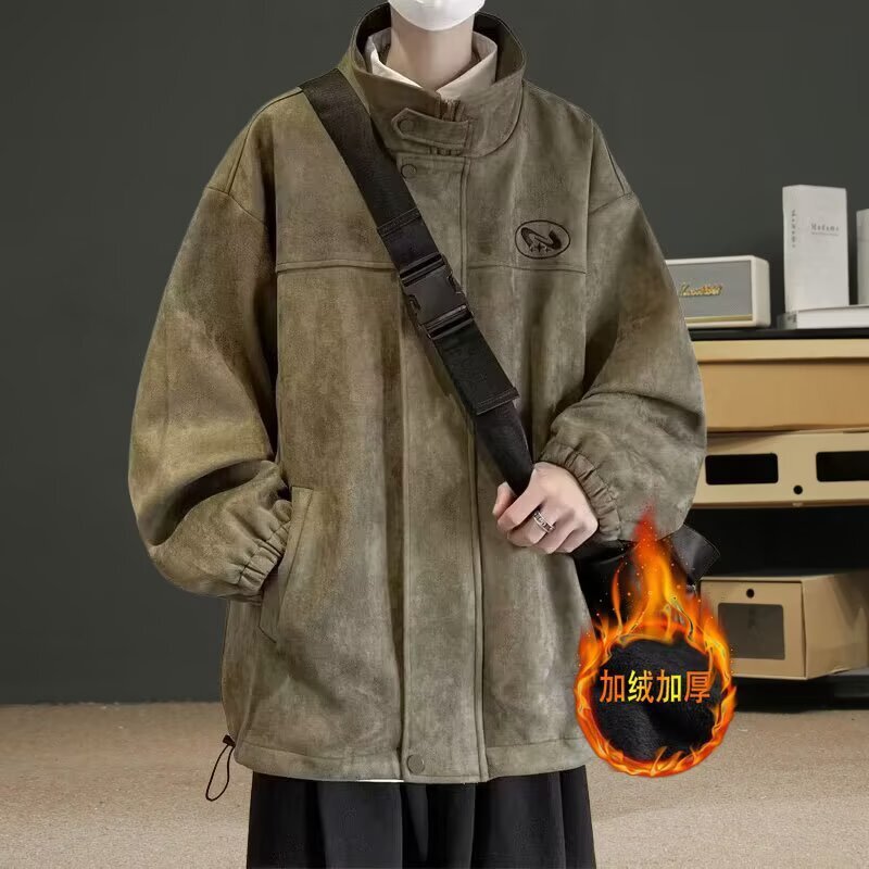 American Style Stand Collar Suede Jacket Men's Autumn Winter Fleece Lined Designer Coat Workwear Top Trendy Brand Cool High-end Casual Coat