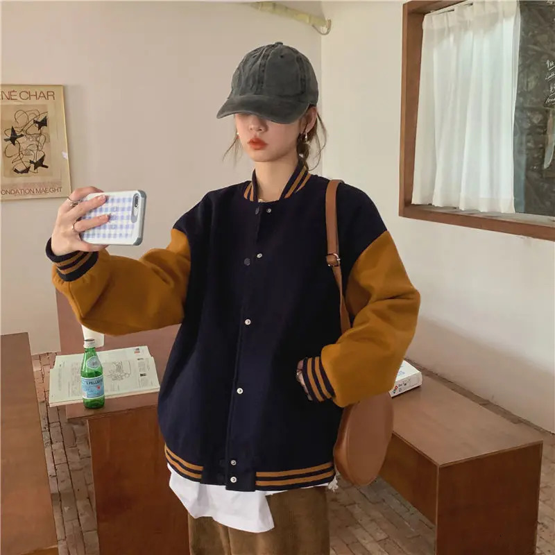 Basic Jackets Women Patchwork Vintage Baseball Outwear Loose Allmatch Students Preppy Spring Fashion Tops Windbreaker Mujer Ins 251029