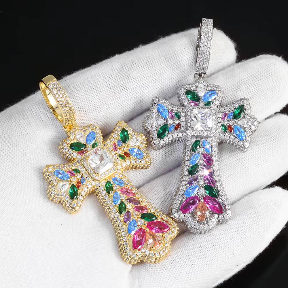 NUOYA Iced Out Colorful Cross Pendant Necklace Gold Plated Large Baguette moissanite Diamonds Custom Charm Design Hip Hop Jewelry Designer's styl